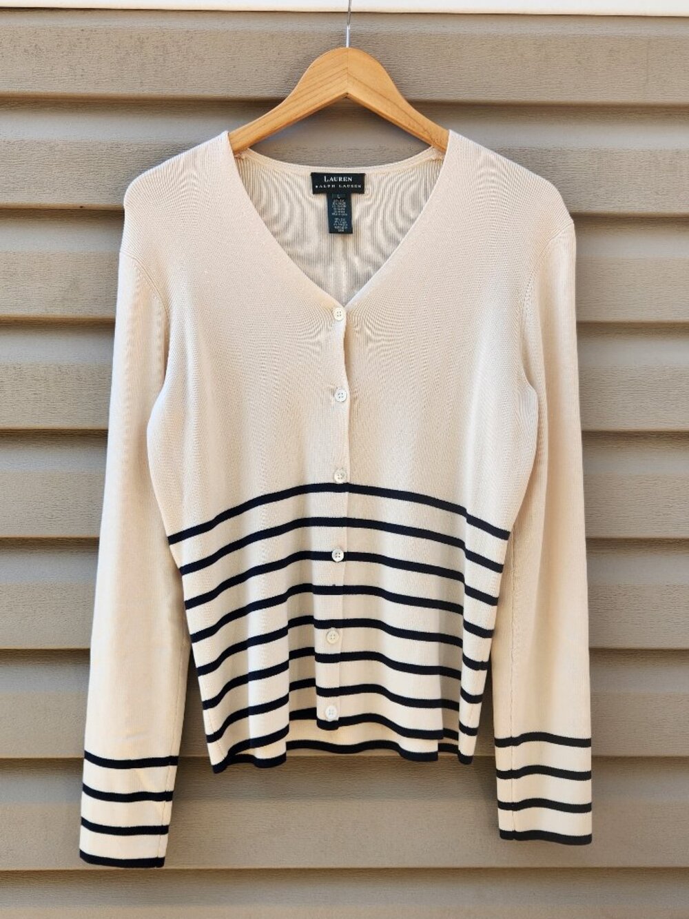Vintage Lauren Ralph Lauren Cardigan Button Down Cream Black Light Sweater Silk